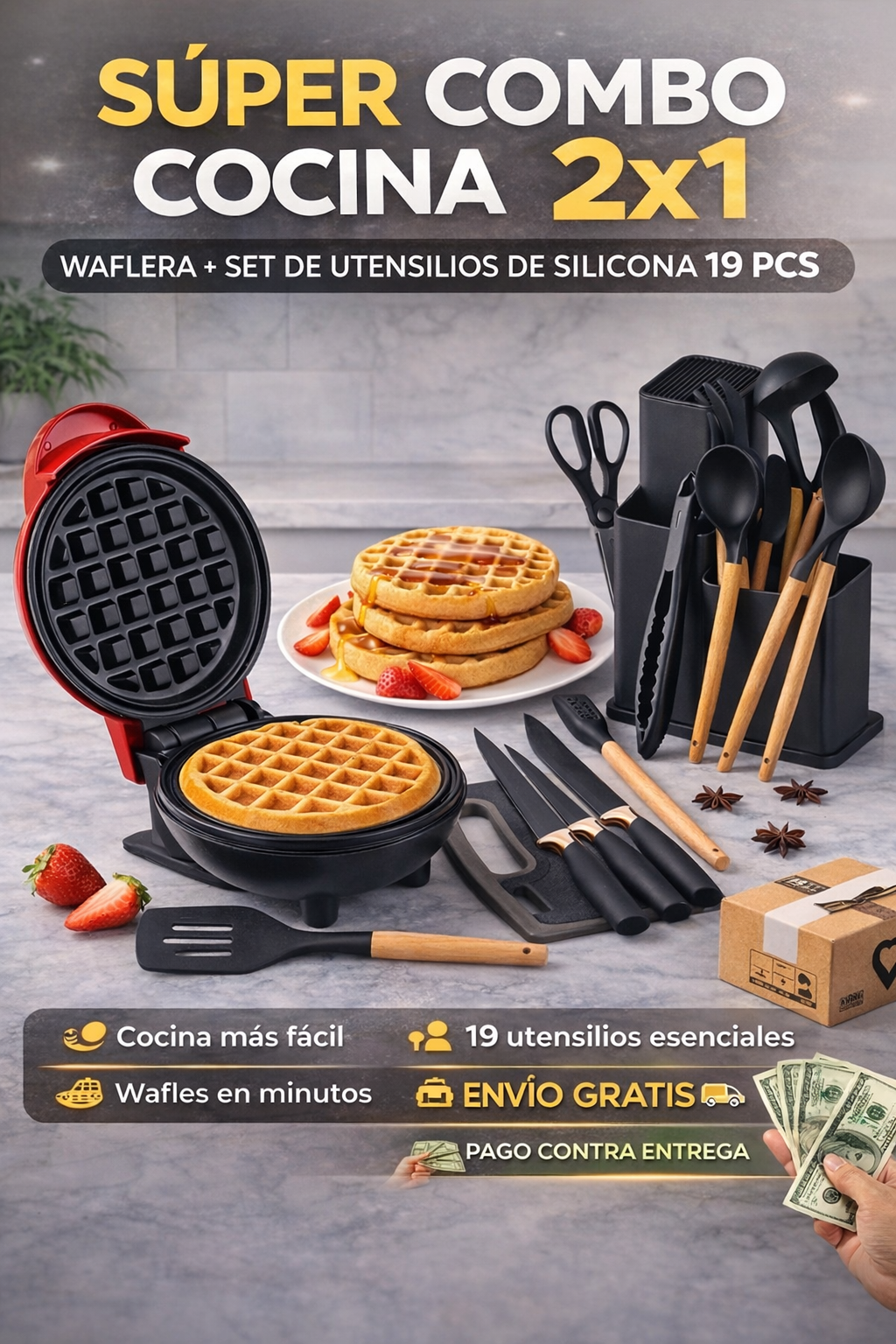 Combo Cocina: Set Utensilios Silicona 19 Piezas + Waflera Eléctrica