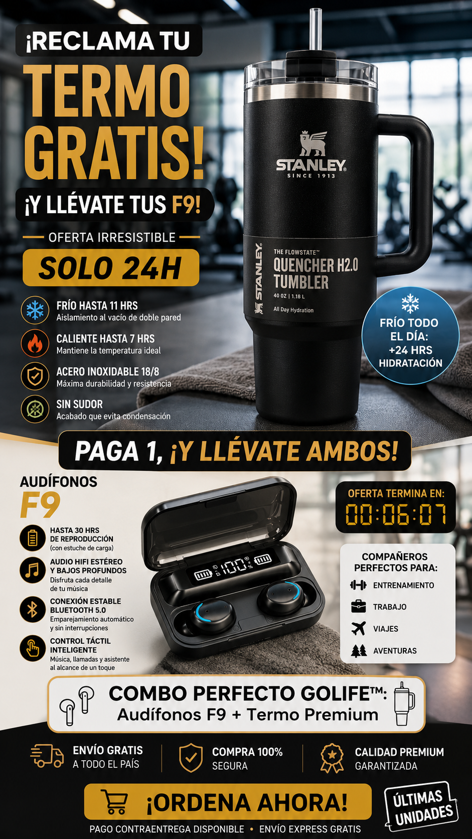 GoLife™  "Termo Stanley + Audífonos F9".