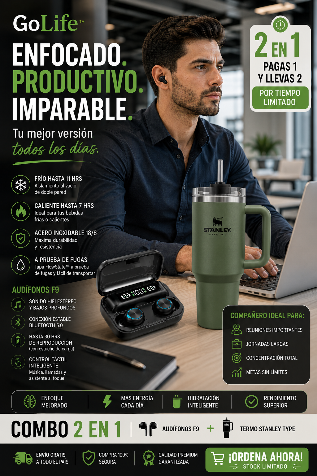 GoLife™  "Termo Stanley + Audífonos F9".