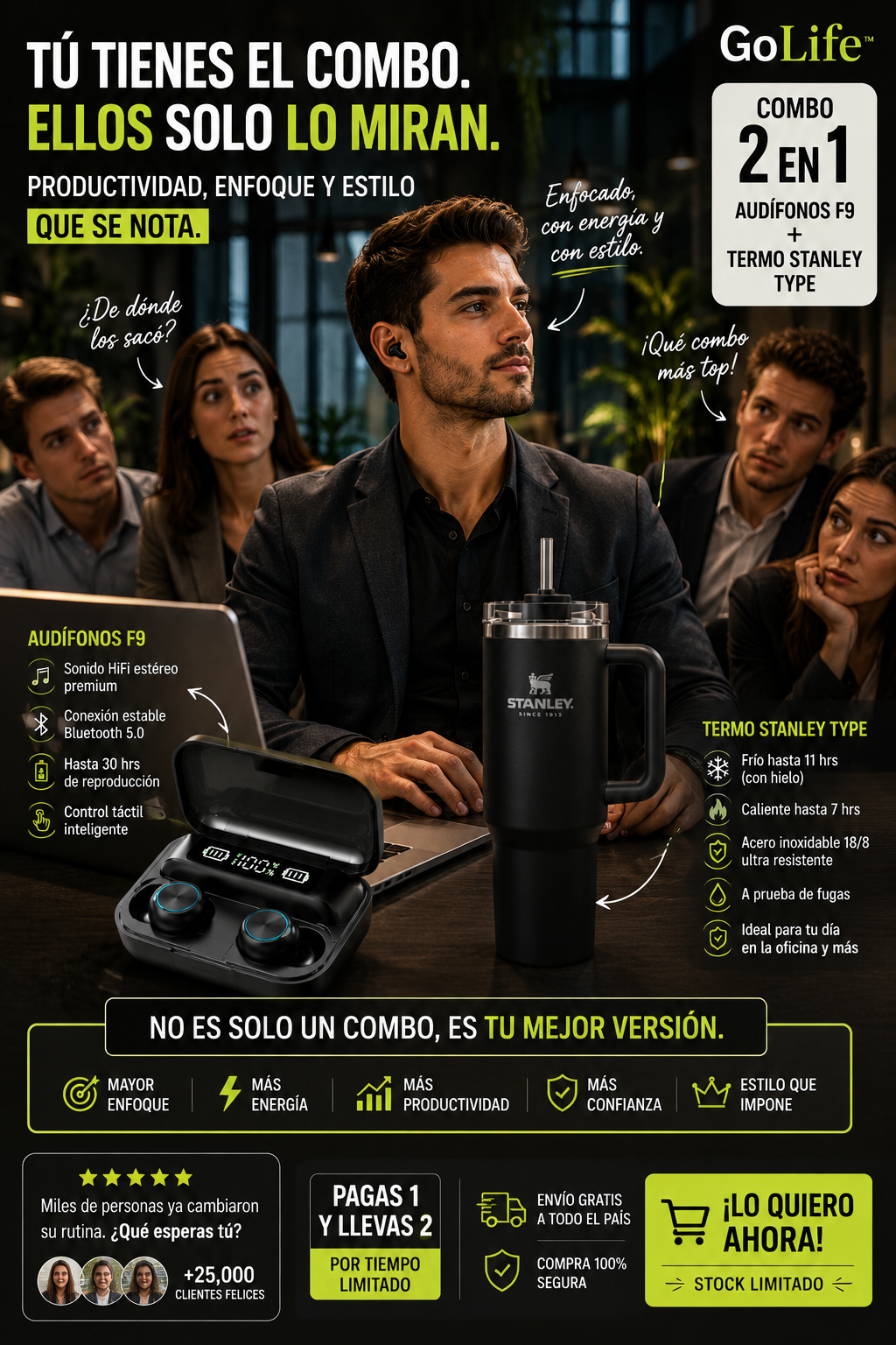 GoLife™  "Termo Stanley + Audífonos F9".