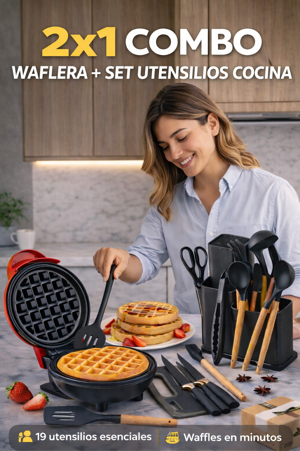 Combo Cocina: Set Utensilios Silicona 19 Piezas + Waflera Eléctrica