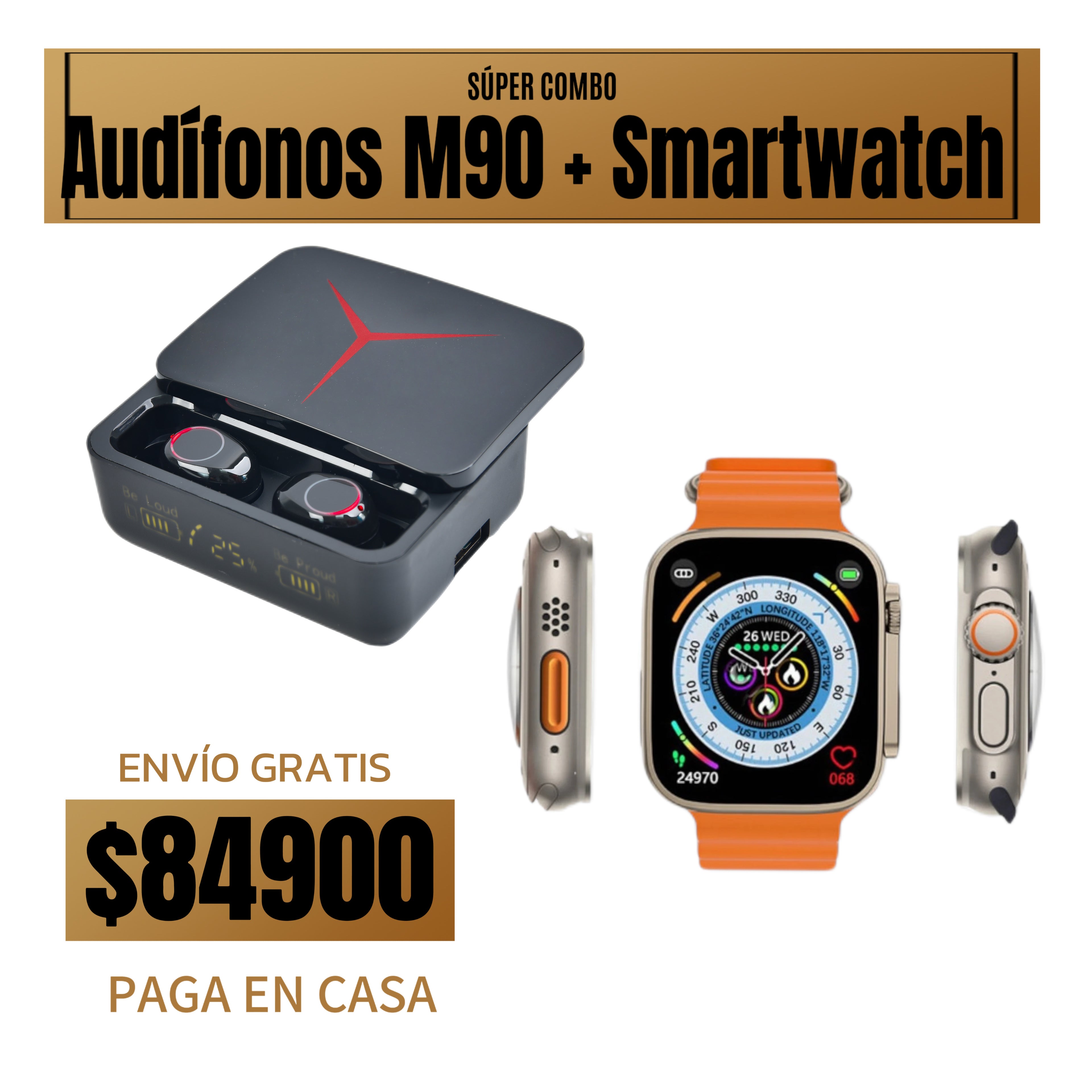 COMBO RELOJ T800 ULTLRA 2 + AUDIFONOS M90 PRO