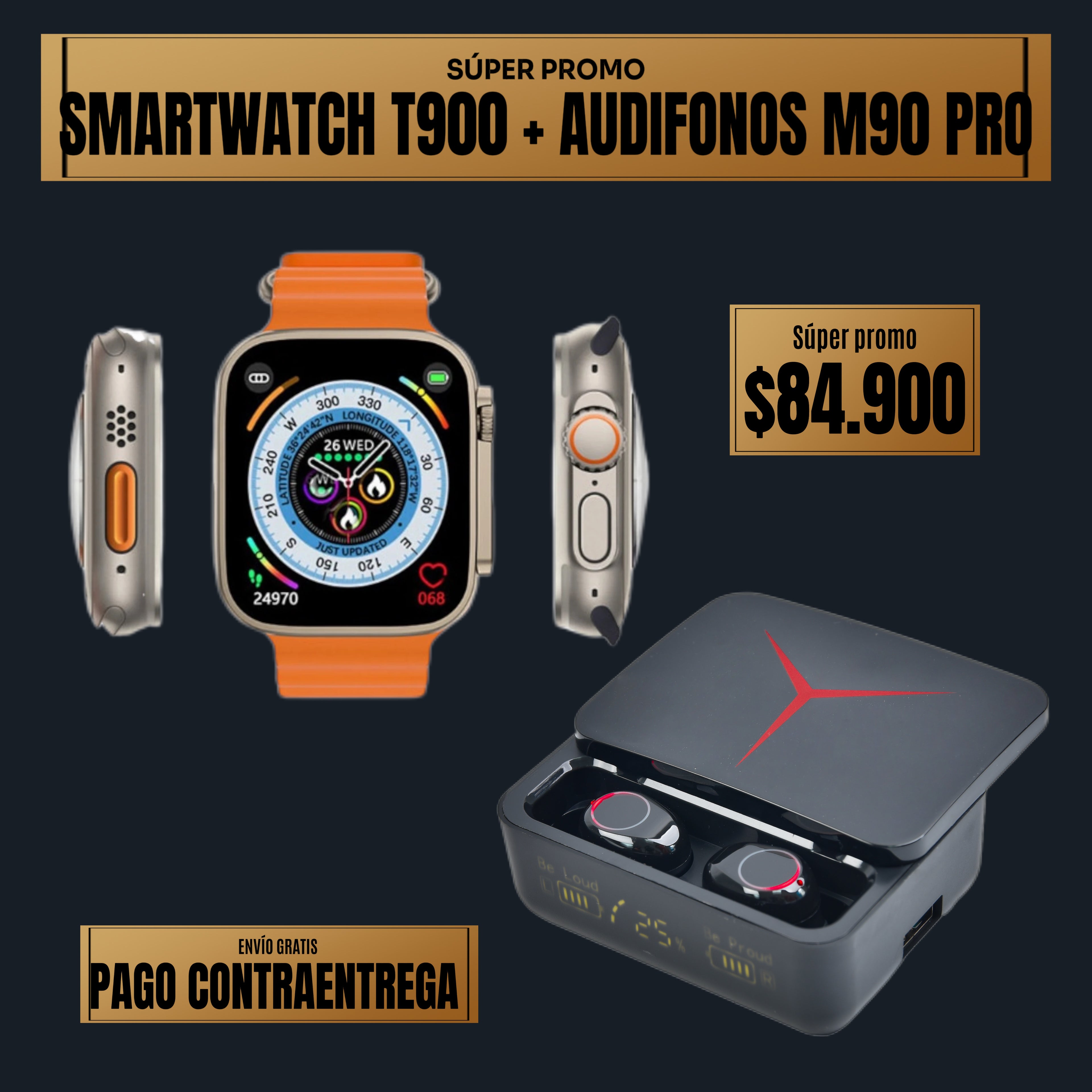 COMBO RELOJ T800 ULTLRA 2 + AUDIFONOS M90 PRO
