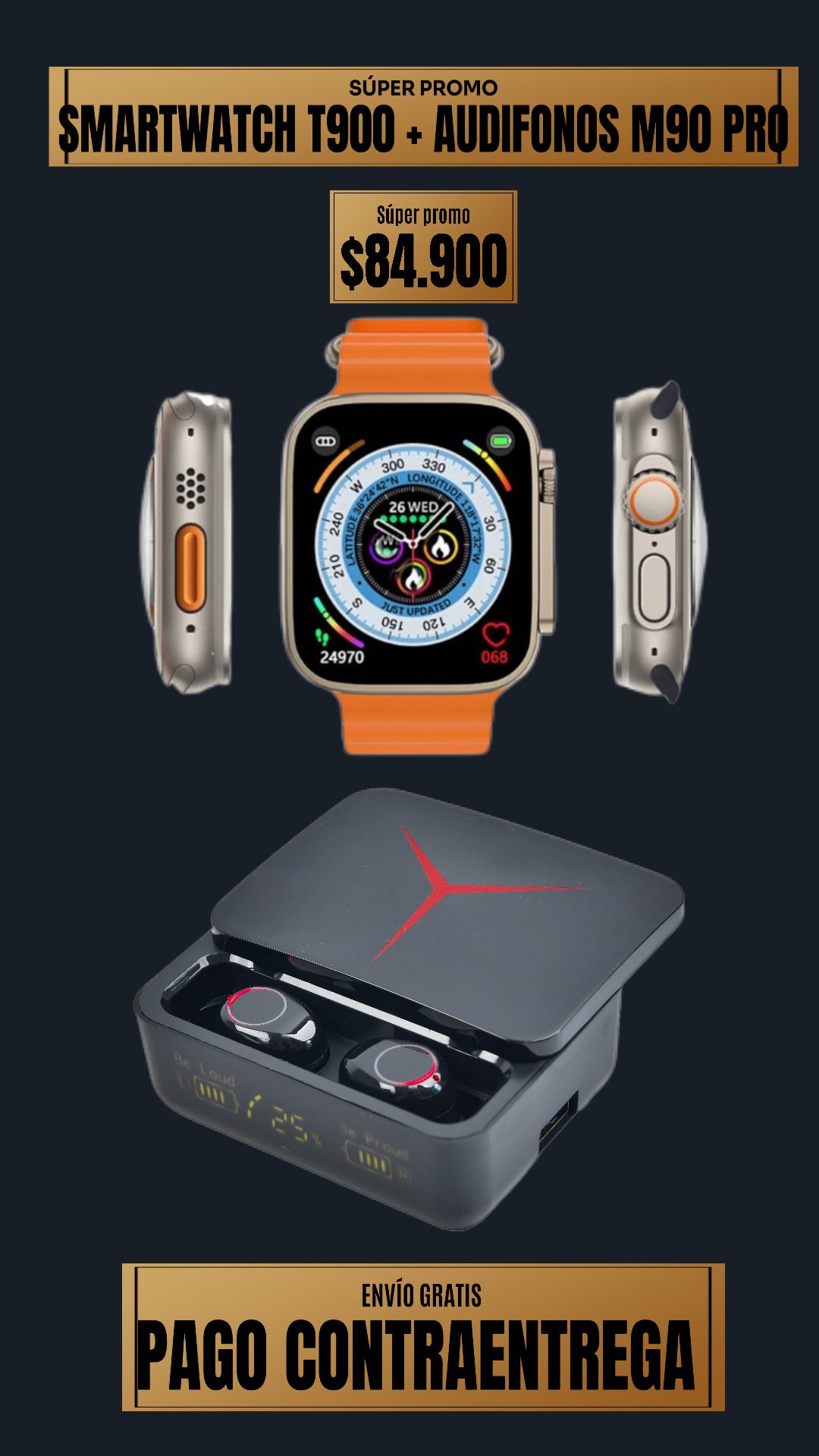 COMBO RELOJ T800 ULTLRA 2 + AUDIFONOS M90 PRO