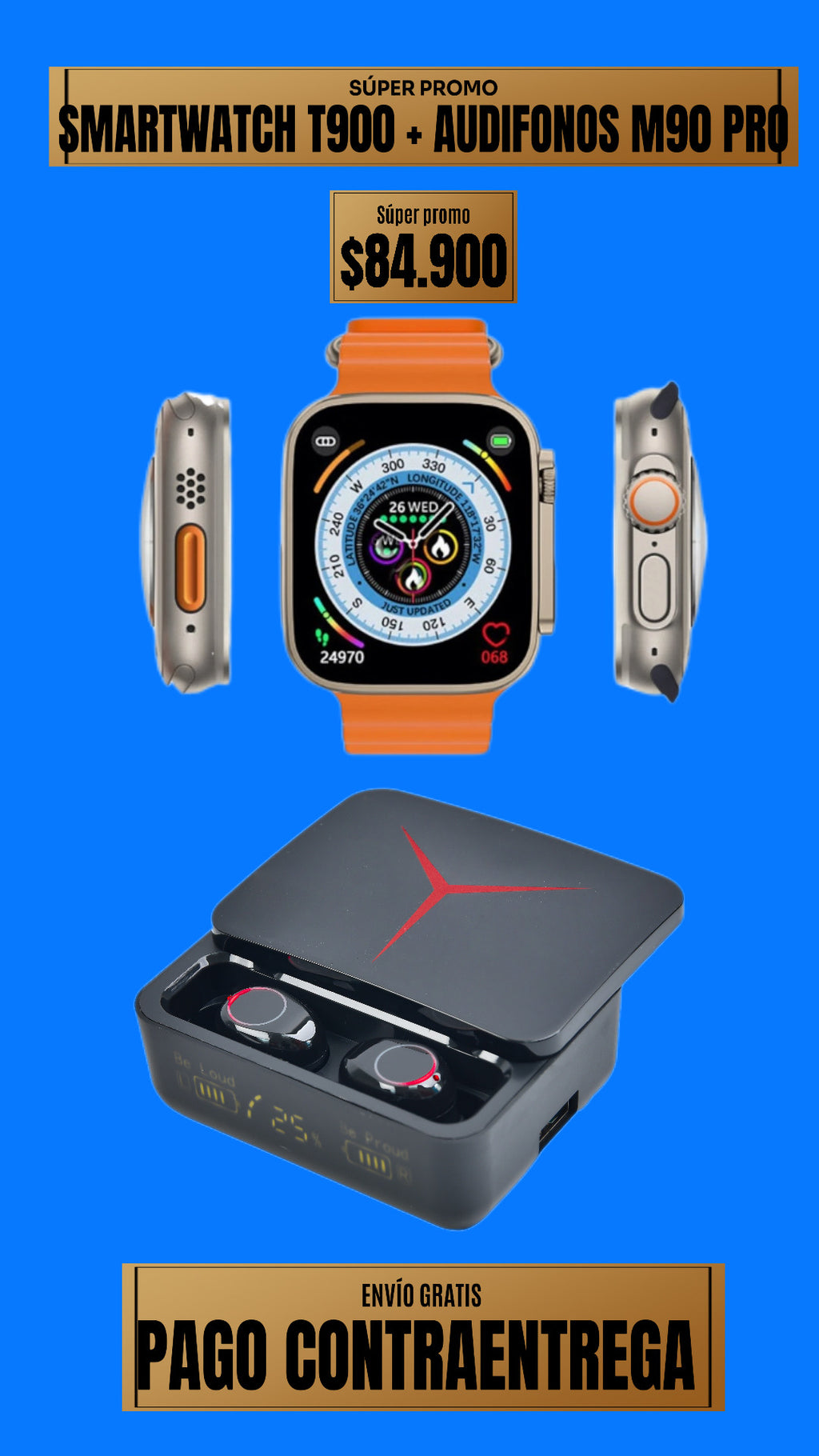 COMBO RELOJ T800 ULTLRA 2 + AUDIFONOS M90 PRO