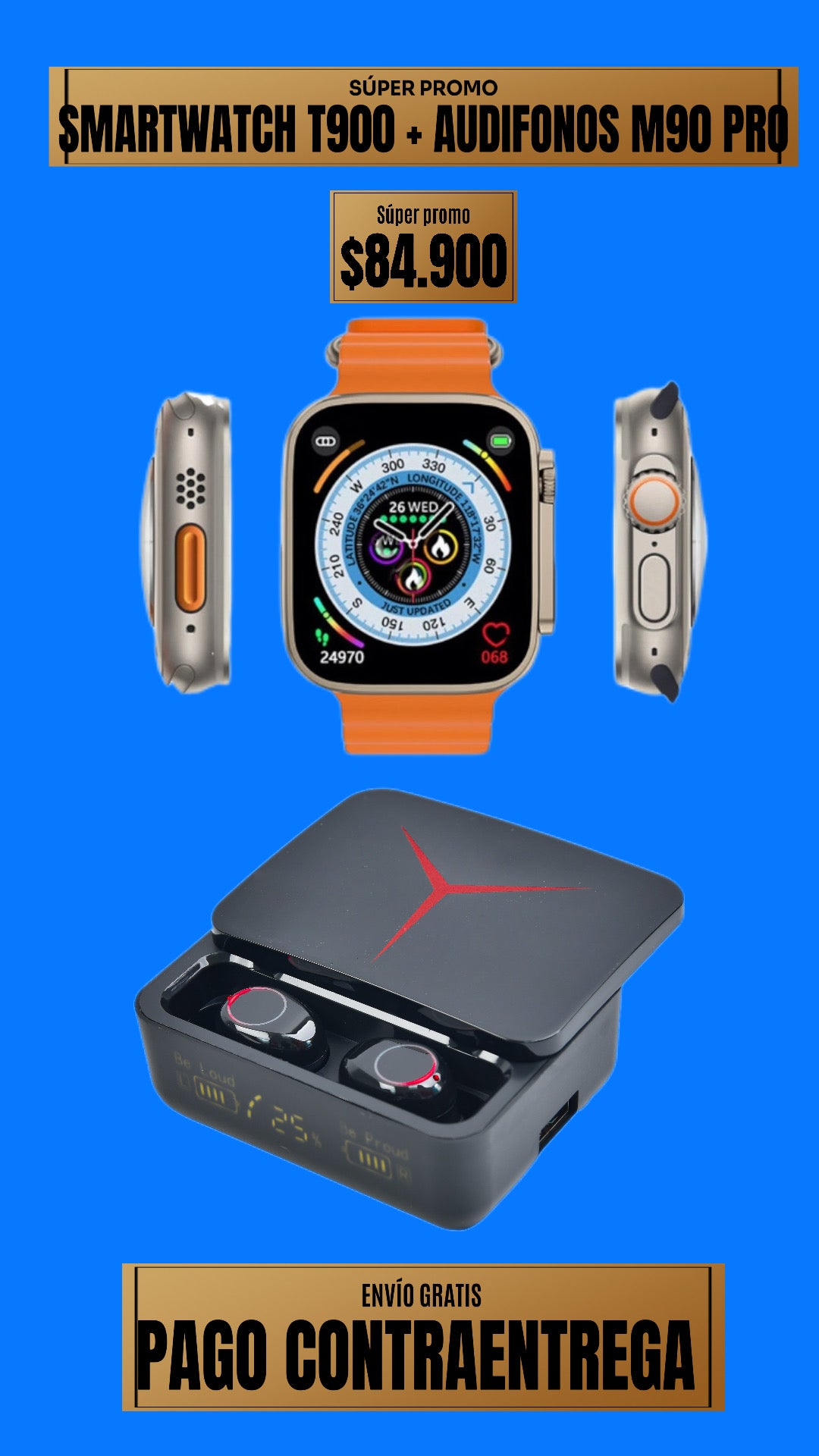 COMBO RELOJ T800 ULTLRA 2 + AUDIFONOS M90 PRO
