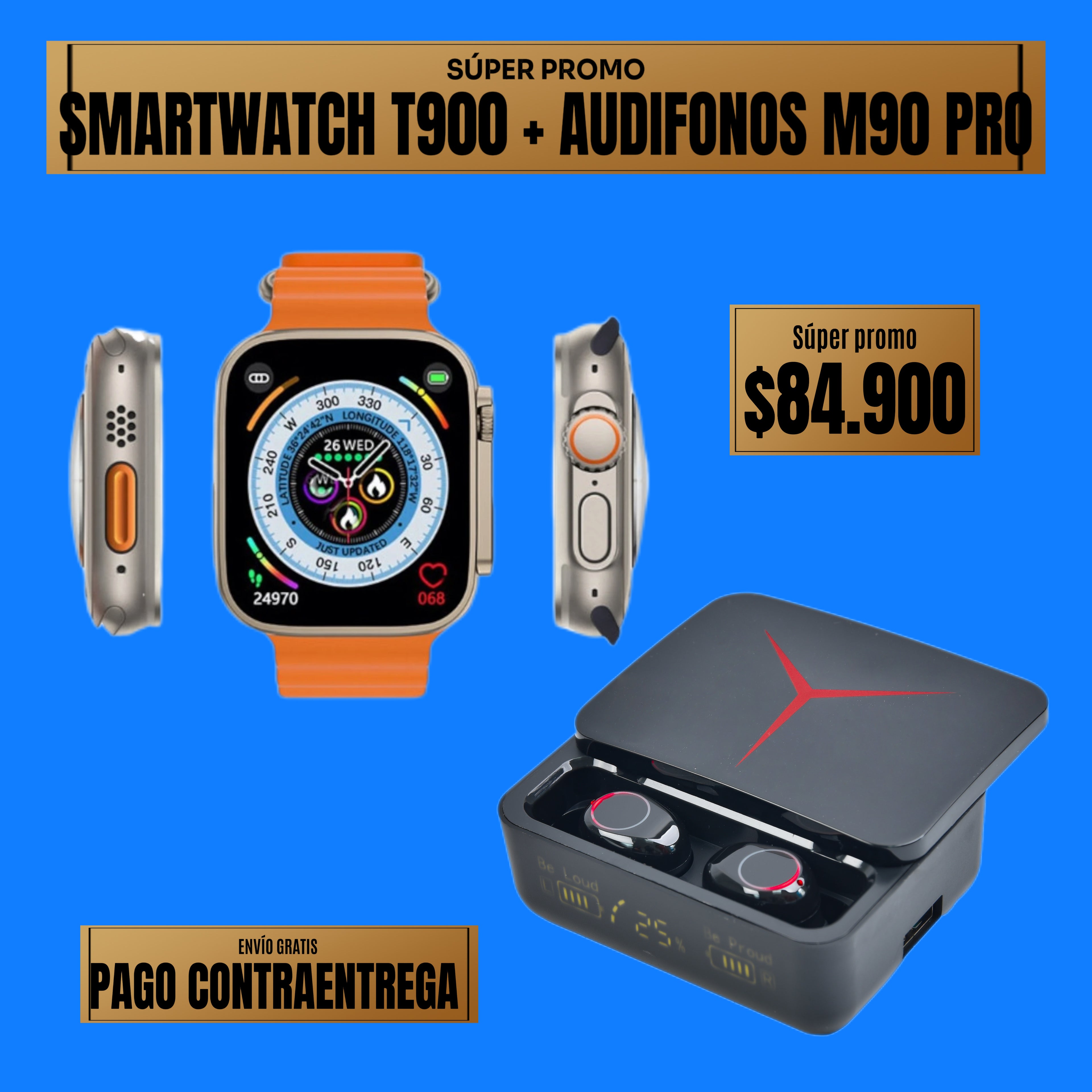 COMBO RELOJ T800 ULTLRA 2 + AUDIFONOS M90 PRO