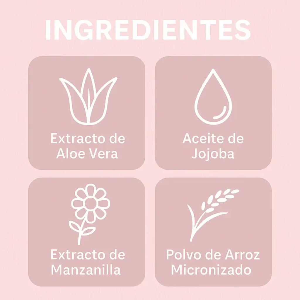 Ingredientes de Candy Bella Polvo Matificante: Extracto de Aloe Vera, Aceite de Jojoba, Extracto de Manzanilla, Polvo de Arroz Micronizado.