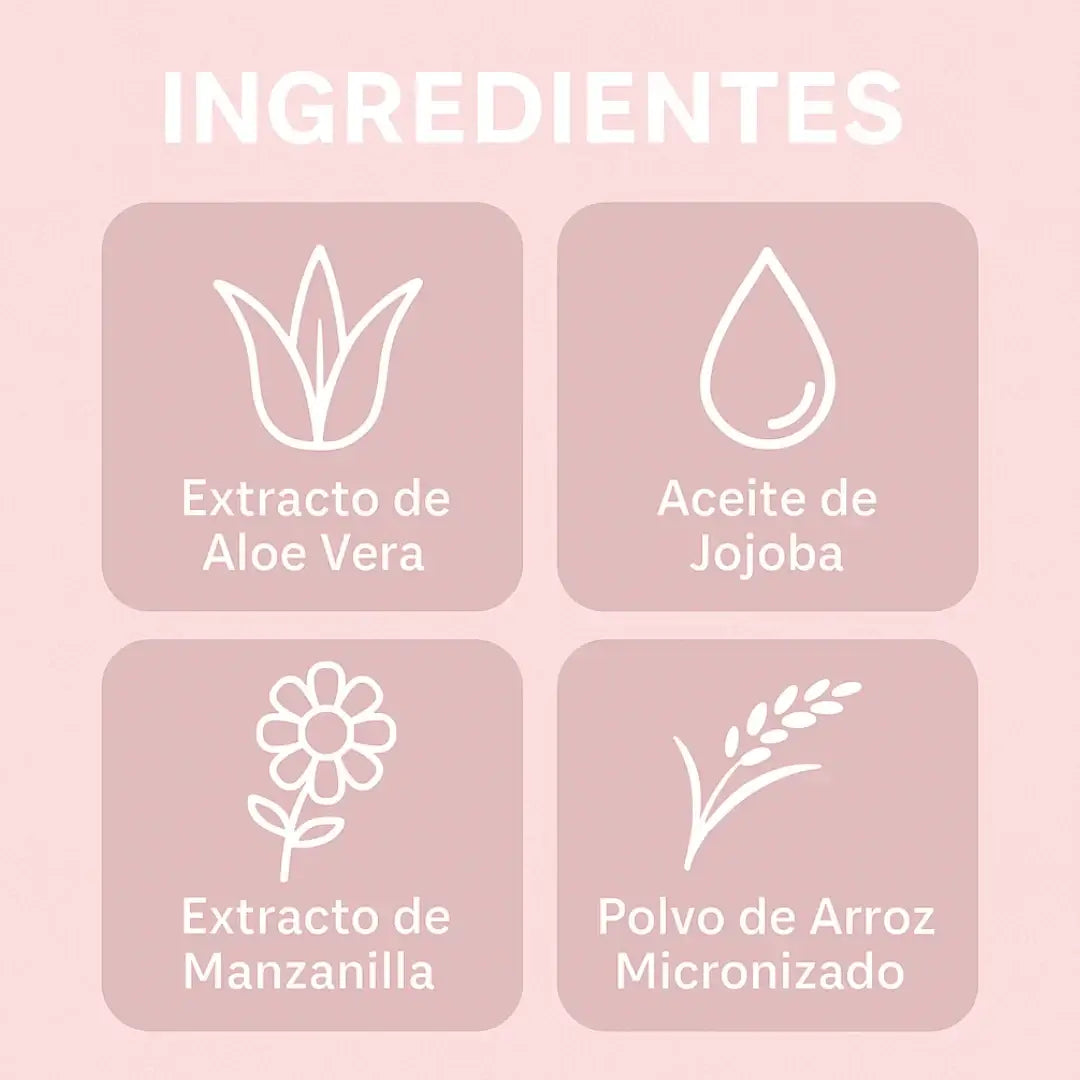 Ingredientes de Candy Bella Polvo Matificante: Extracto de Aloe Vera, Aceite de Jojoba, Extracto de Manzanilla, Polvo de Arroz Micronizado.