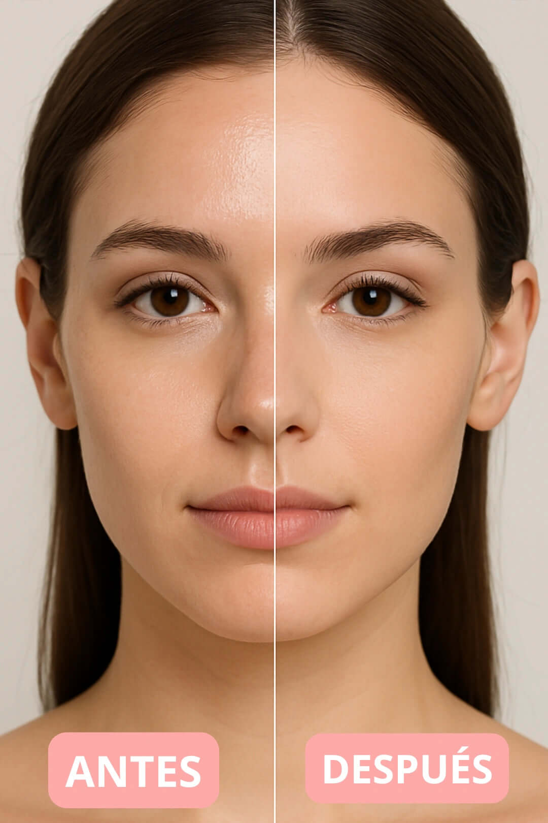 Comparativa de maquillaje antes y después con Candy Bella Polvo Matificante, mostrando acabado mate y protección.