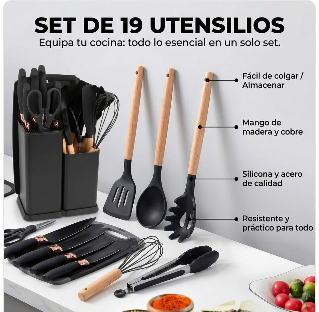 Combo Cocina: Set Utensilios Silicona 19 Piezas + Waflera Eléctrica