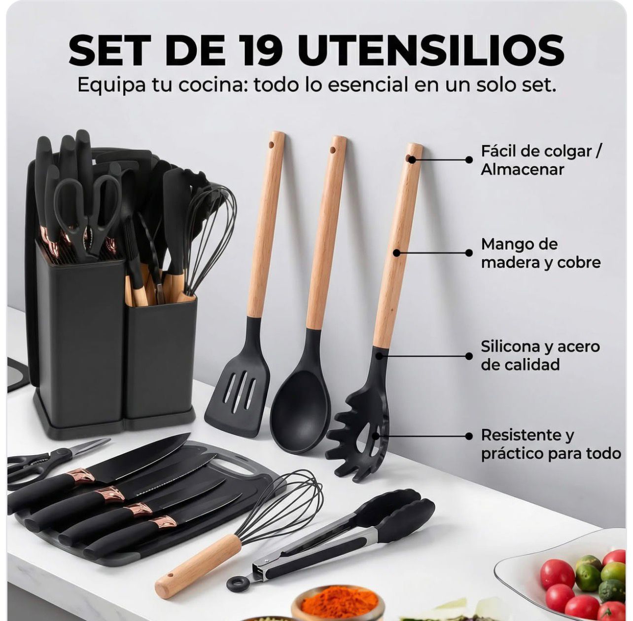 Combo Cocina: Set Utensilios Silicona 19 Piezas + Waflera Eléctrica