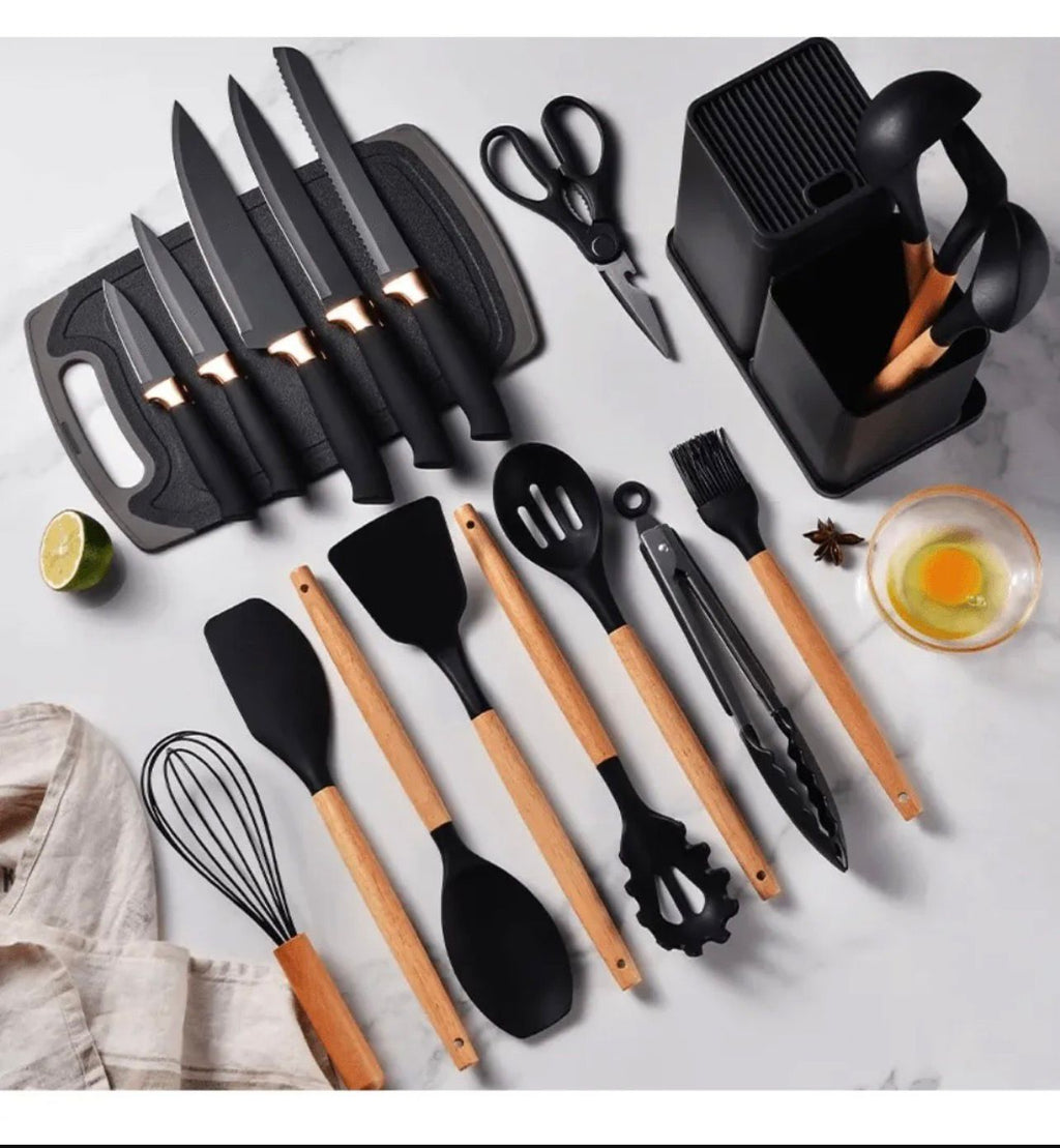 Combo Cocina: Set Utensilios Silicona 19 Piezas + Waflera Eléctrica
