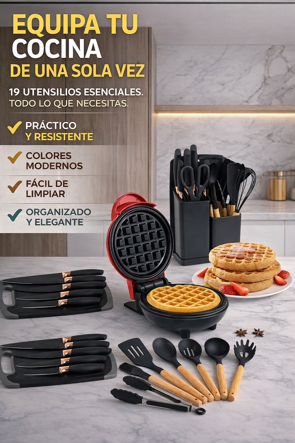 Combo Cocina: Set Utensilios Silicona 19 Piezas + Waflera Eléctrica