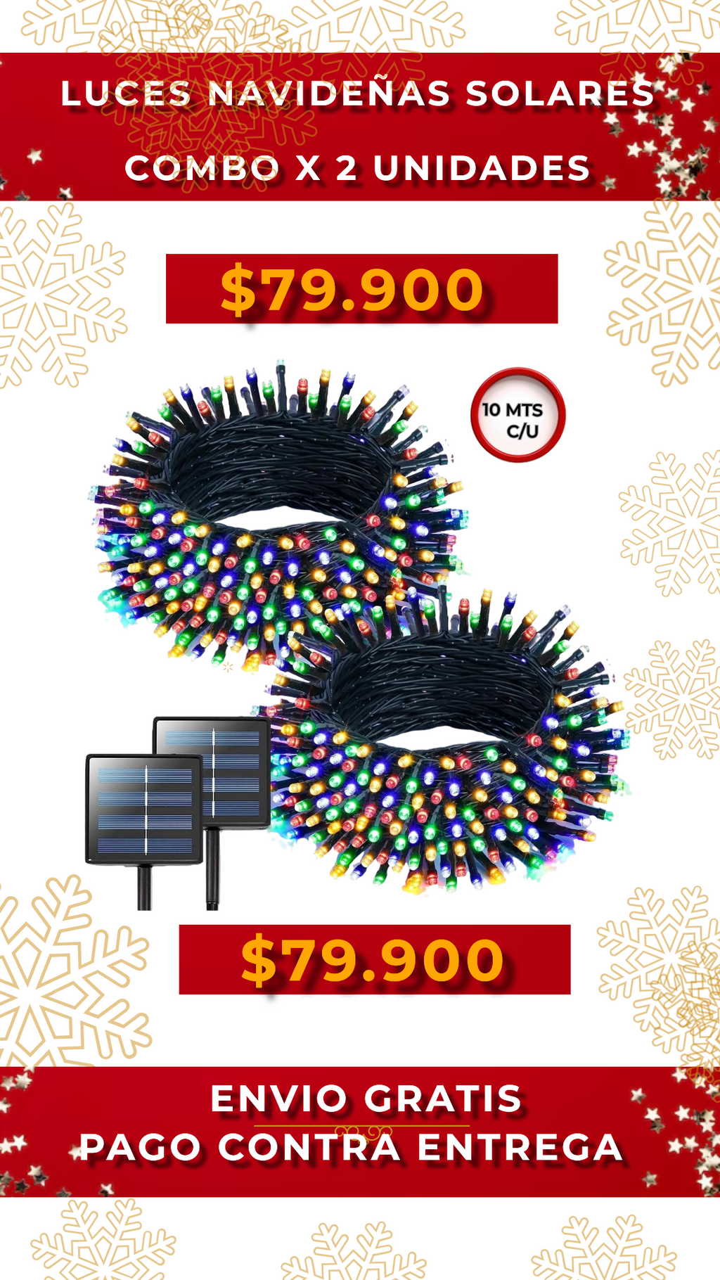 LUCES   NAVIDEÑAS   SOLARES  --2 UNIDADES X 10MTS CADA UNA