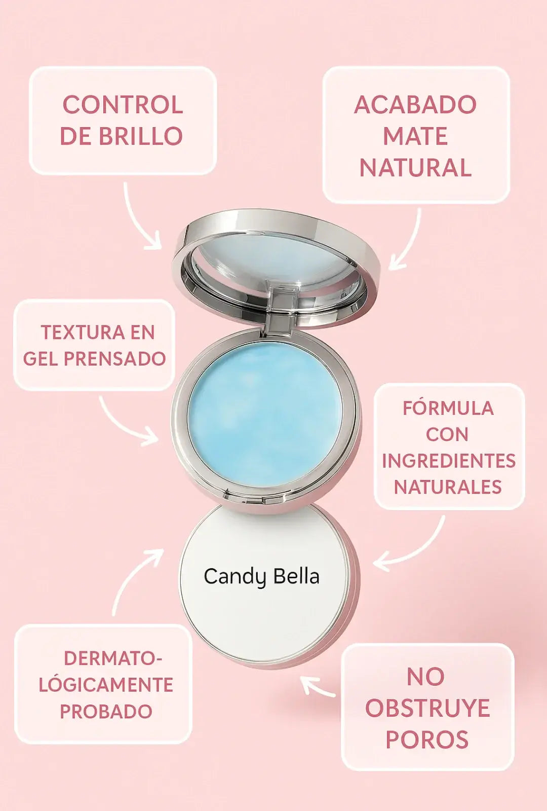 CANDY BELLA POLVO MATIFICANTE en envase con texto informativo sobre propiedades y beneficios del producto.