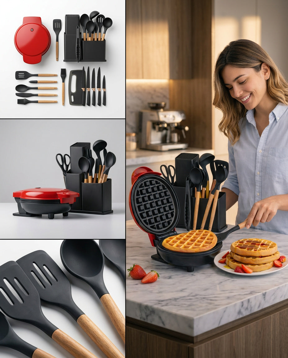 Combo Cocina: Set Utensilios Silicona 19 Piezas + Waflera Eléctrica