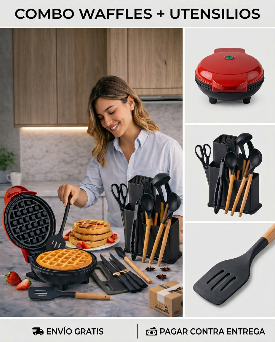Combo Cocina: Set Utensilios Silicona 19 Piezas + Waflera Eléctrica