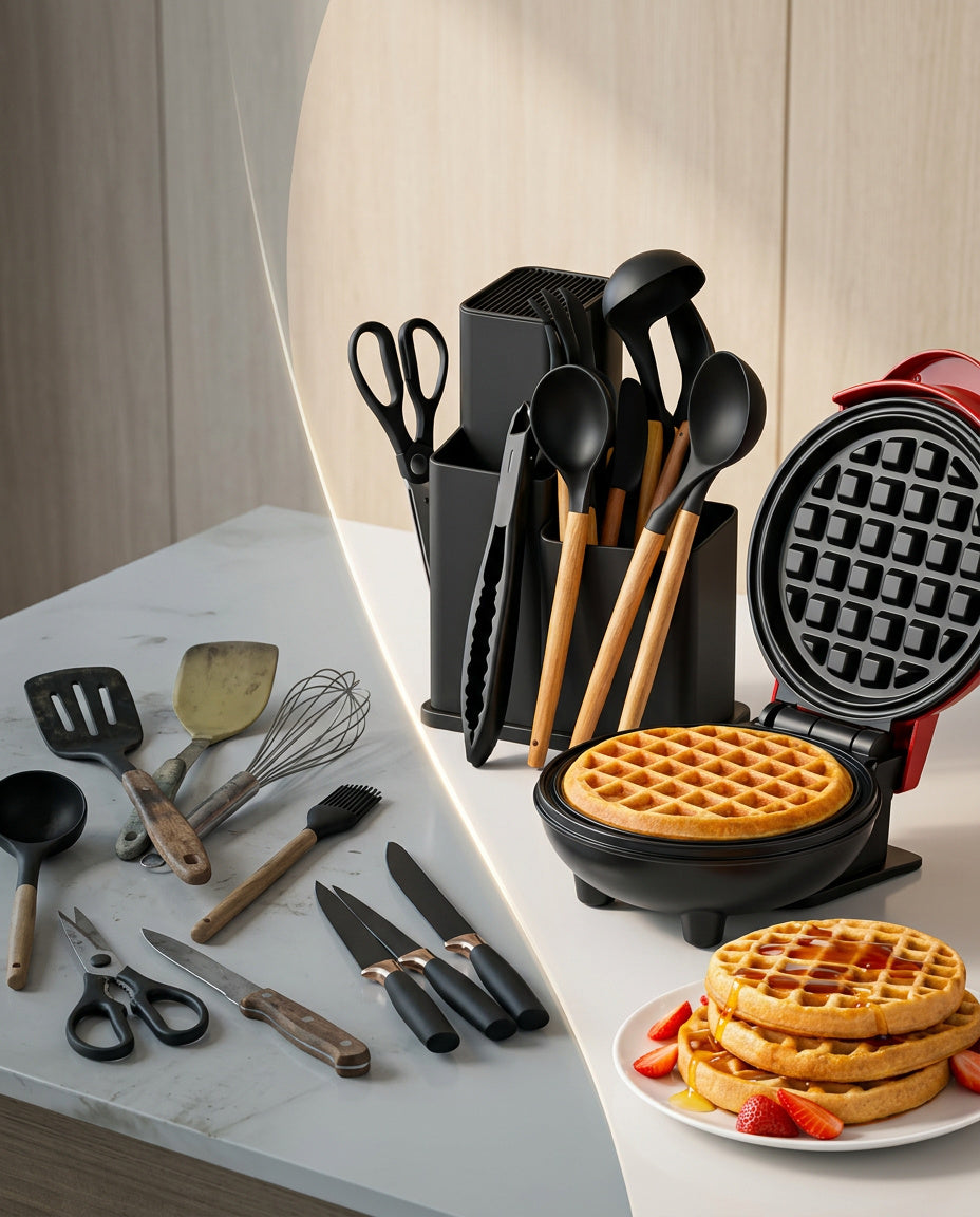 Combo Cocina: Set Utensilios Silicona 19 Piezas + Waflera Eléctrica