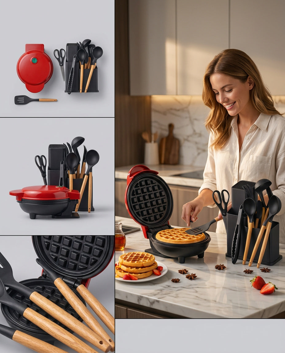 Combo Cocina: Set Utensilios Silicona 19 Piezas + Waflera Eléctrica