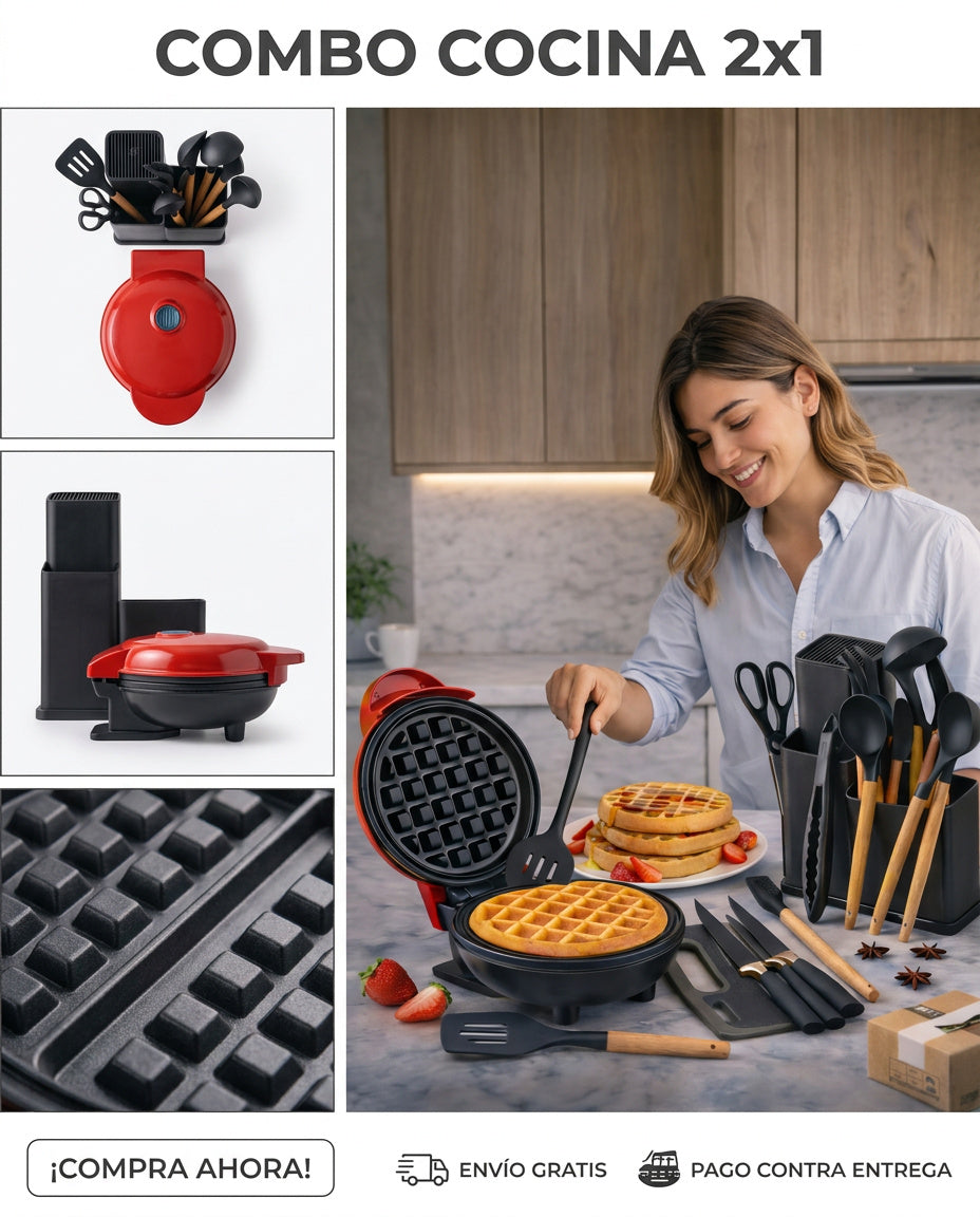 Combo Cocina: Set Utensilios Silicona 19 Piezas + Waflera Eléctrica