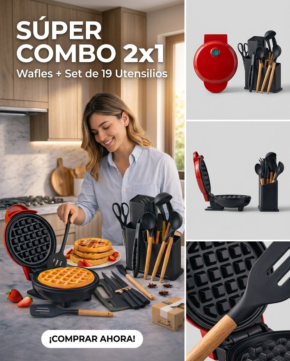 Combo Cocina: Set Utensilios Silicona 19 Piezas + Waflera Eléctrica