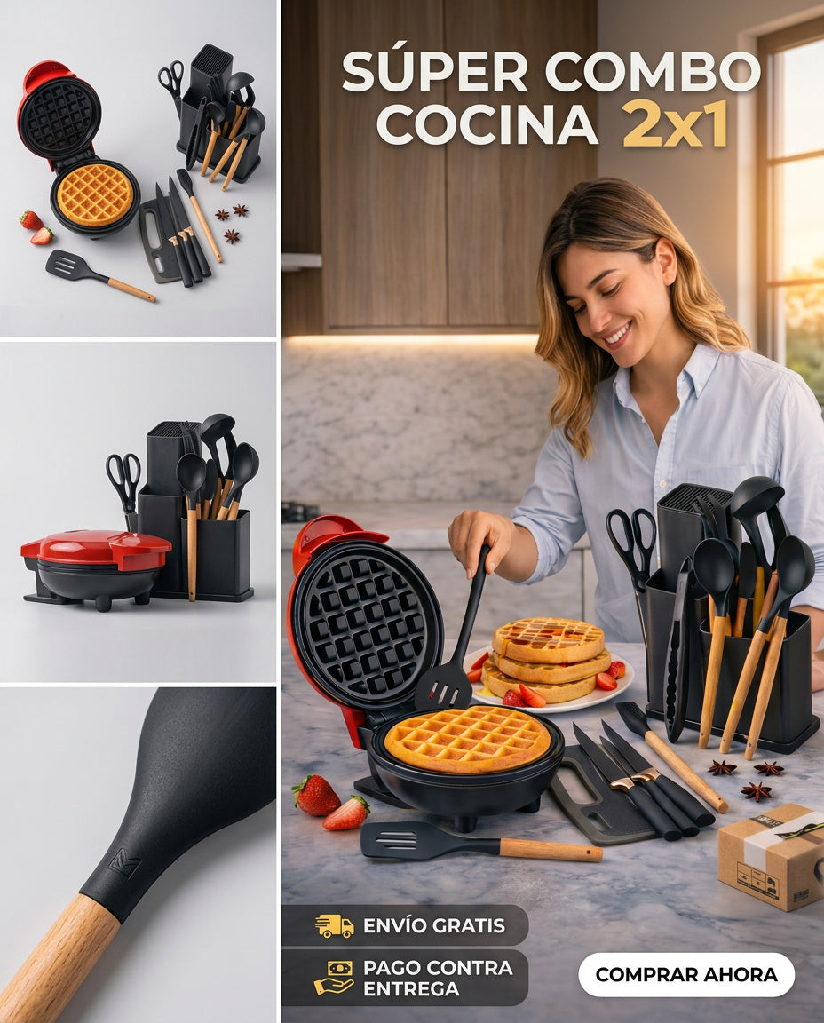 Combo Cocina: Set Utensilios Silicona 19 Piezas + Waflera Eléctrica