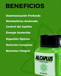 Frasco de ALCAPLUS mostrando beneficios como desintoxicación y nutrición completa.